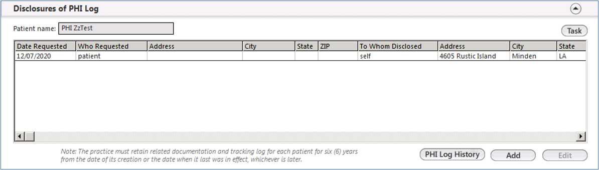 Disclosures of PHI Log 1