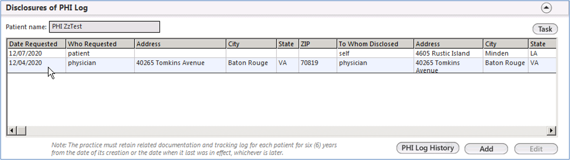 Disclosures of PHI Log